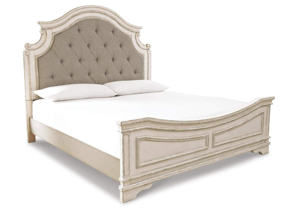 Realyn California King Upholstered Panel Bed with Mirrored Dresser and 2 Nightstands