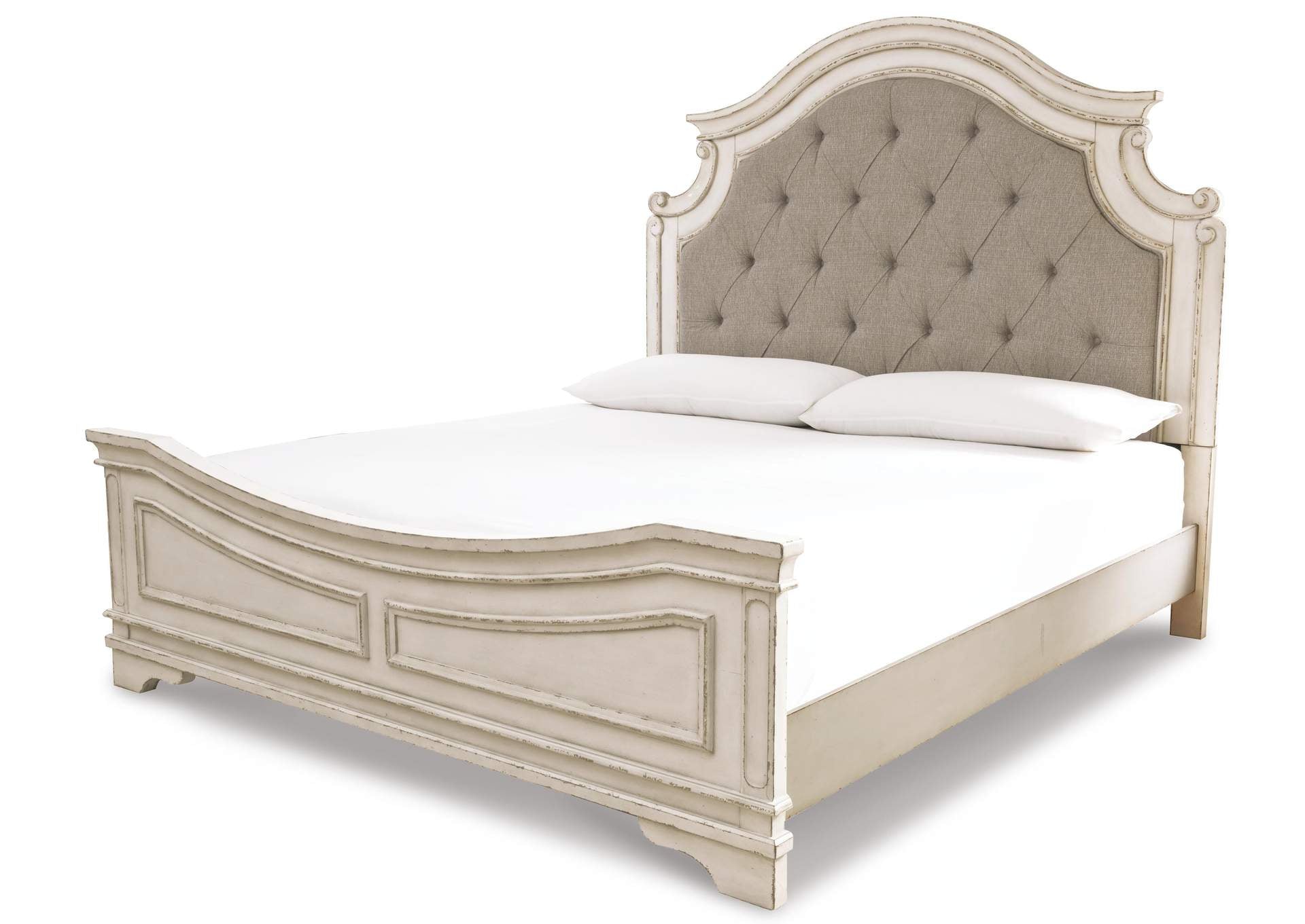 Realyn King Upholstered Panel Bed with Mirrored Dresser, Chest and 2 Nightstands