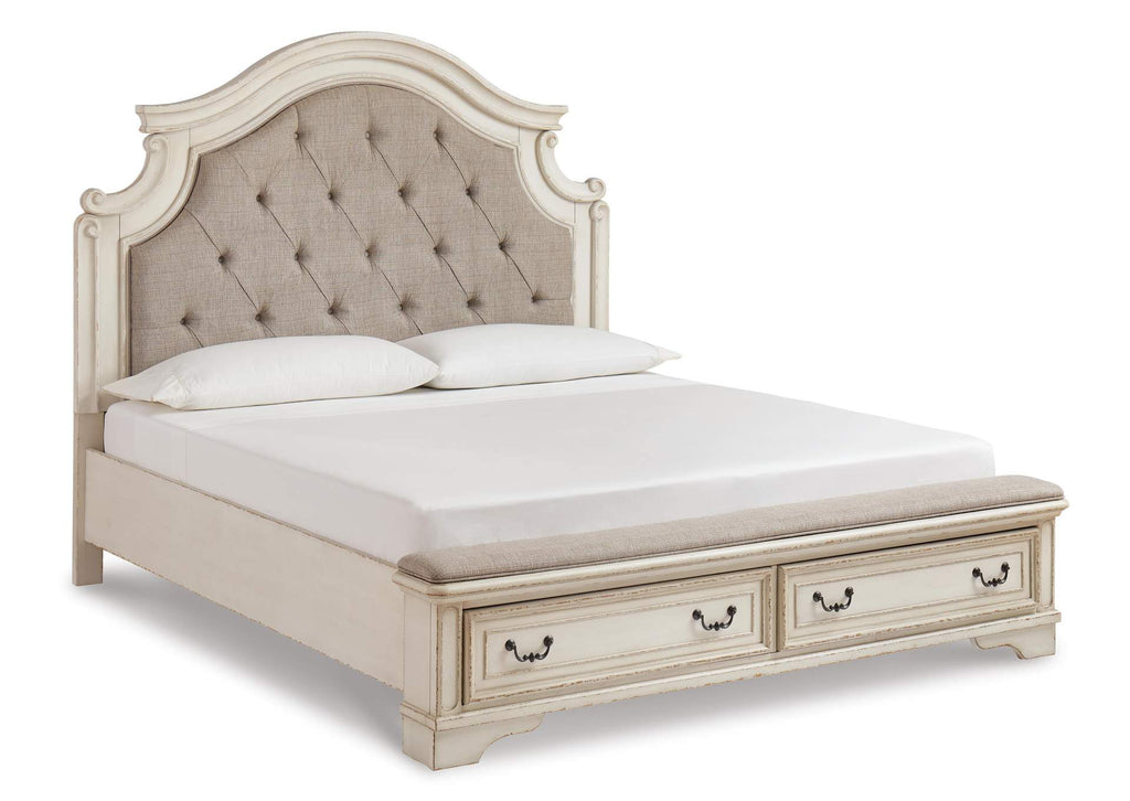 Realyn California King Upholstered Bed with Mirrored Dresser angled view