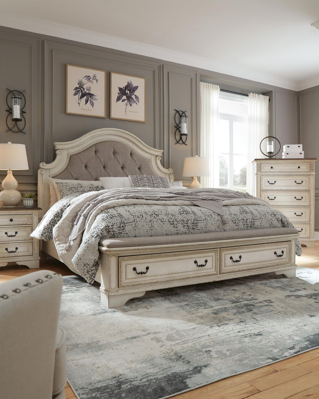 Realyn California King Upholstered Storage Bed in Two-tone, lifestyle view