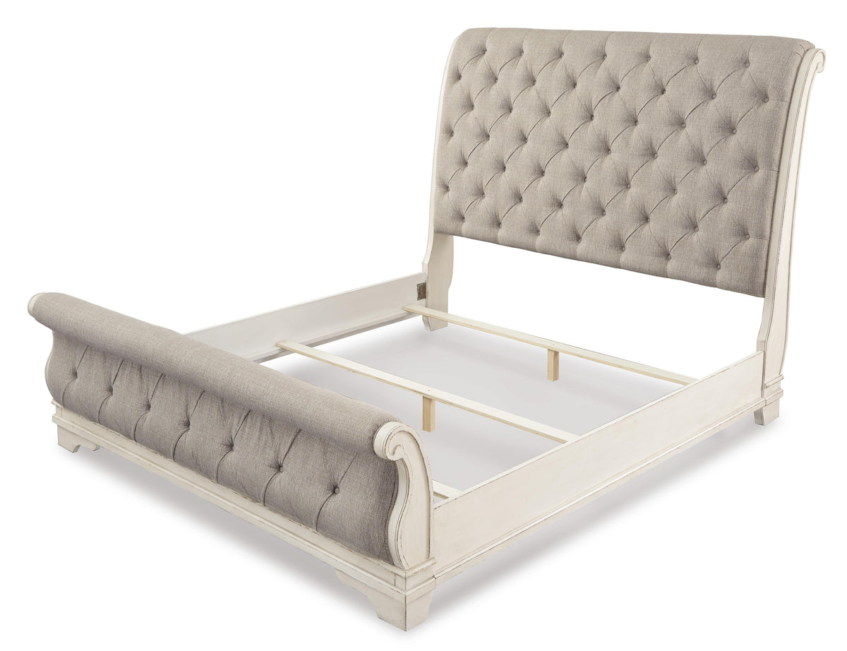 Realyn California King Sleigh Bed in Chipped White, angle view
