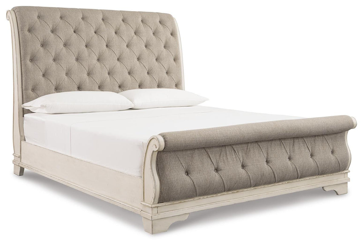 Realyn California King Sleigh Bed in Chipped White, angle view