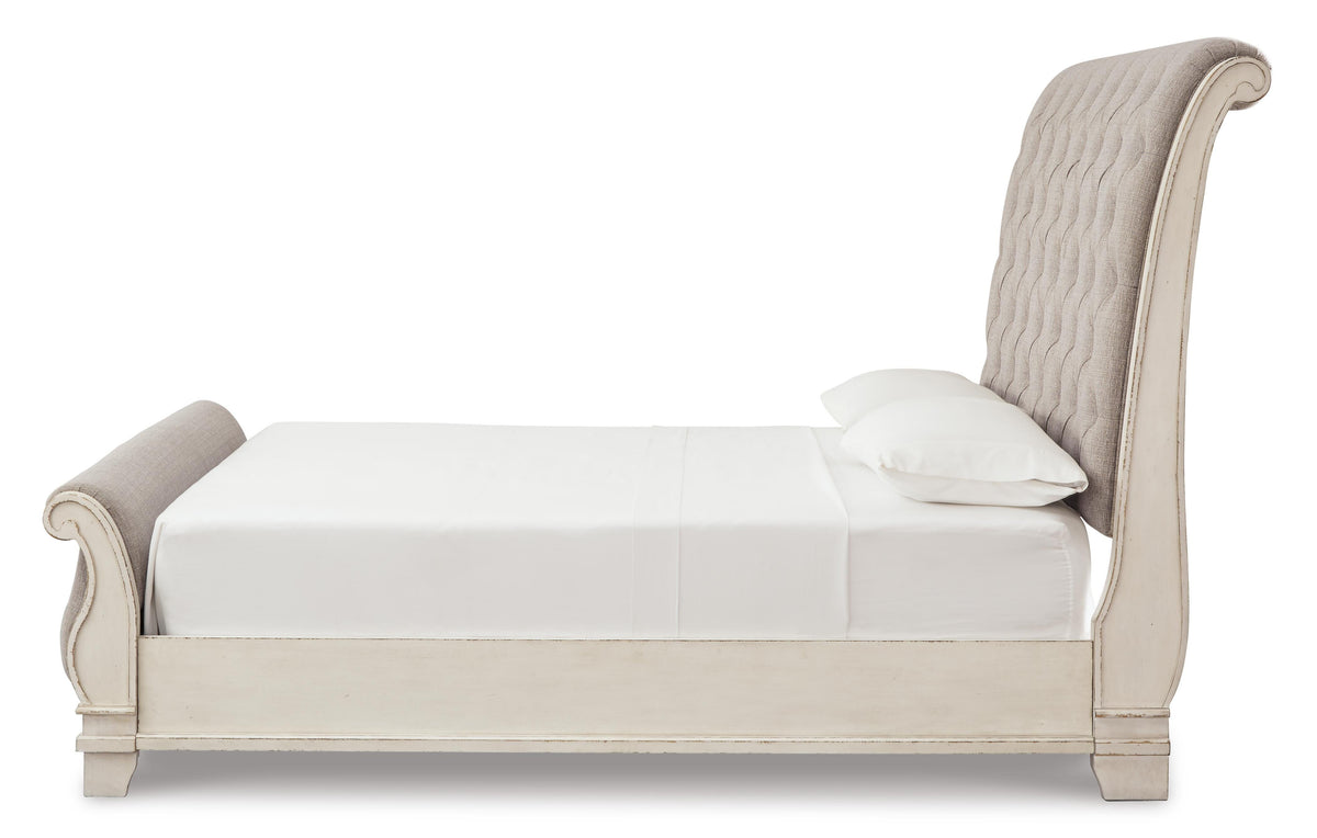 Realyn California King Sleigh Bed in Chipped White, side view