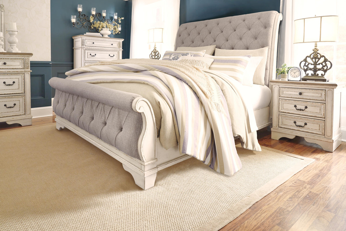 Realyn California King Sleigh Bed in Chipped White, lifestyle view