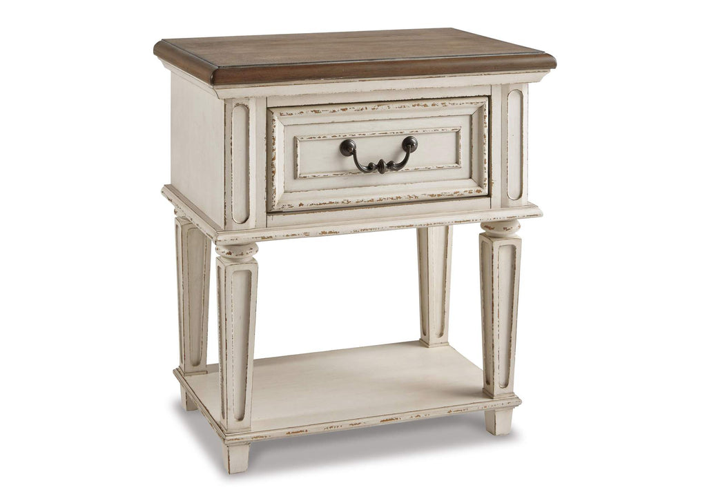 Realyn Twin Panel Bed with Mirrored Dresser and 2 Nightstands angled view