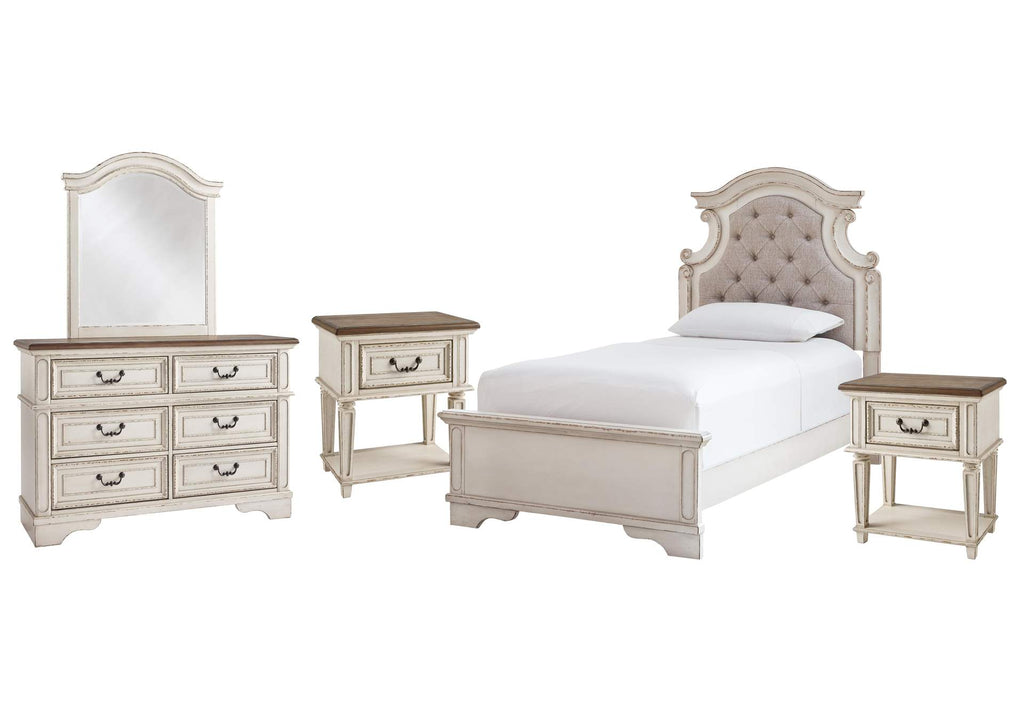 Realyn Twin Panel Bed with Mirrored Dresser and 2 Nightstands