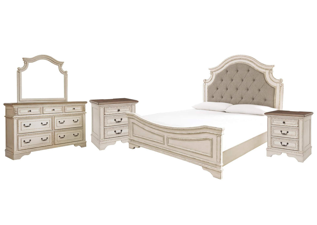 Realyn King Upholstered Panel Bed with Mirrored Dresser and 2 Nightstands