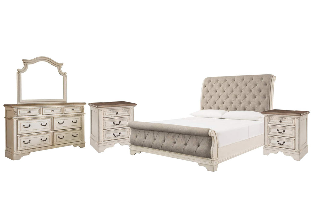 Realyn Queen Sleigh Bed with Mirrored Dresser and 2 Nightstands