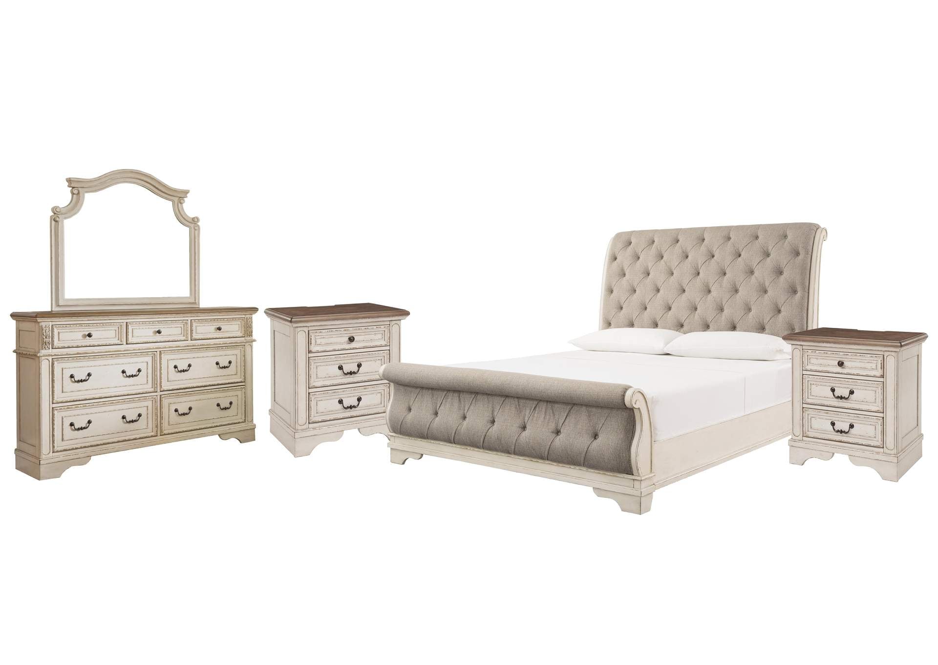 Realyn Queen Sleigh Bed with Mirrored Dresser and 2 Nightstands
