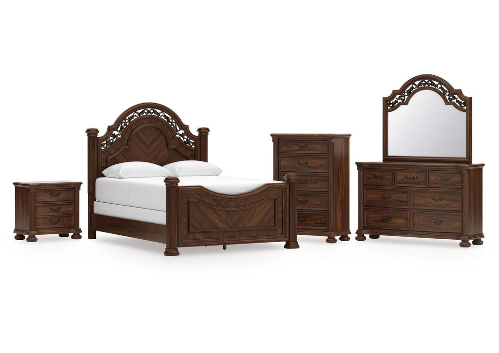 Lavinton Queen Poster Bed with Mirrored Dresser, Chest and Nightstand