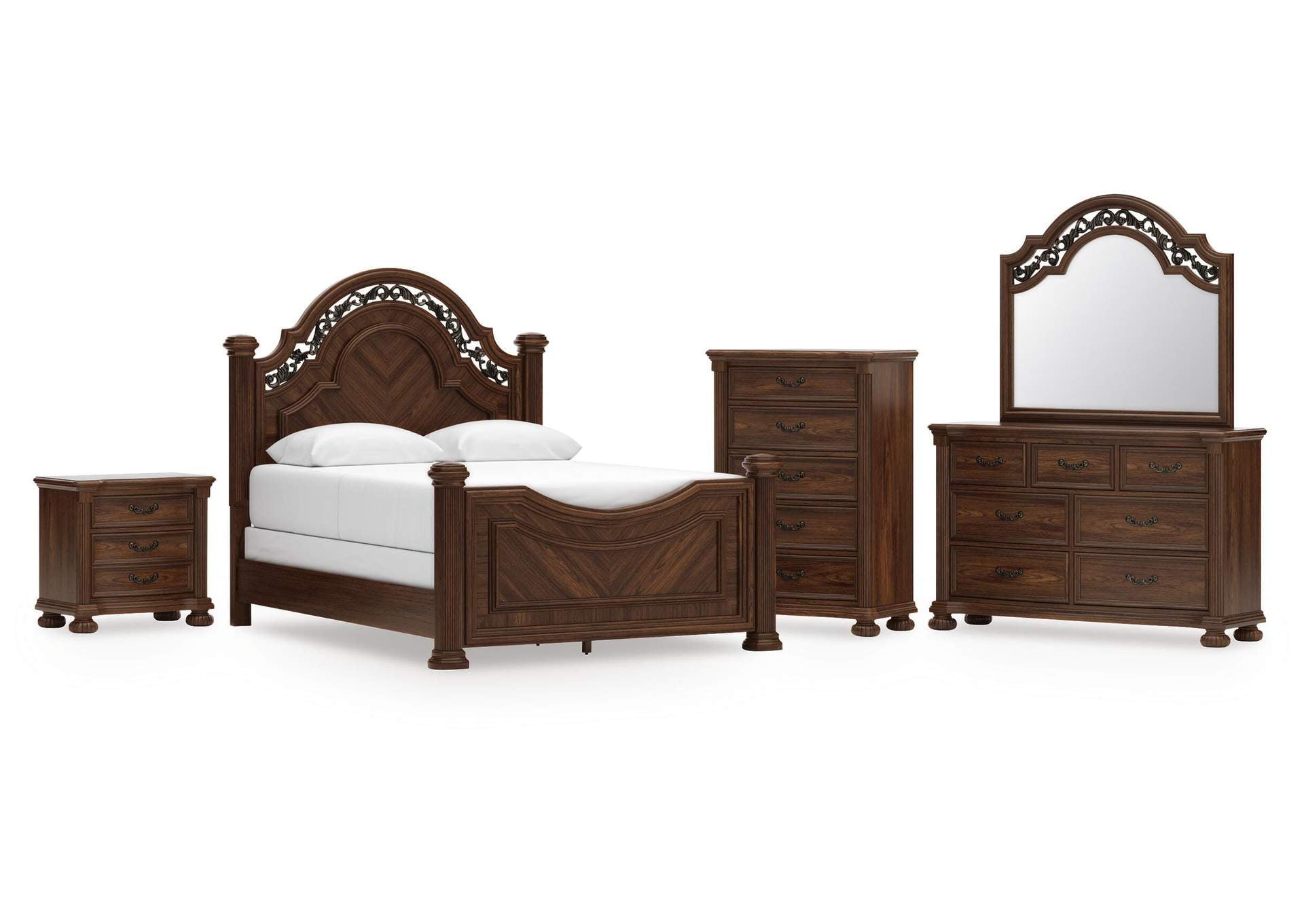 Lavinton Queen Poster Bed with Mirrored Dresser, Chest and Nightstand