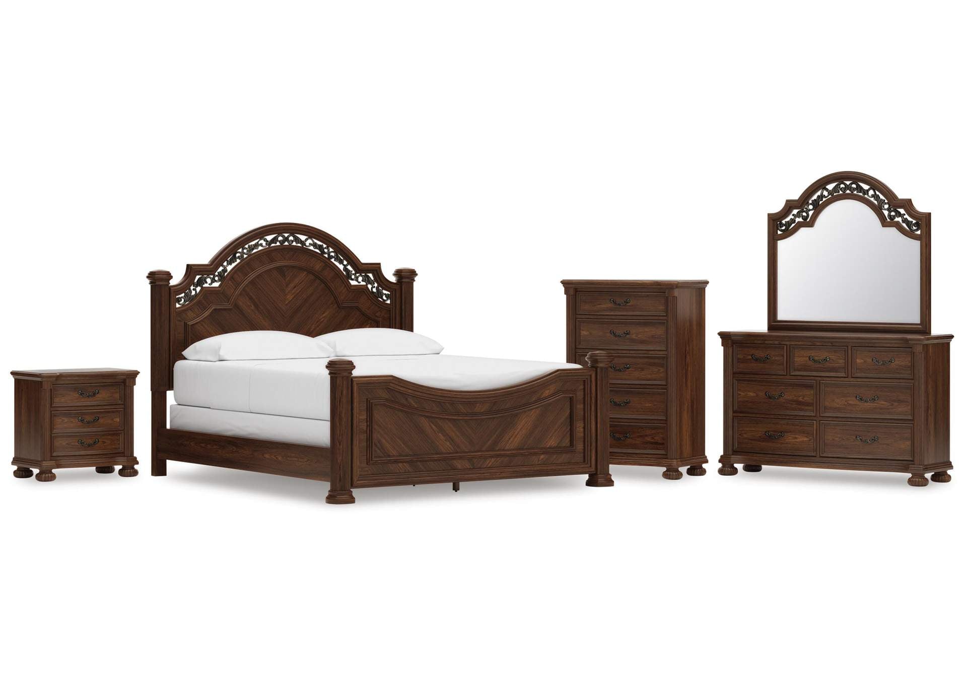 Lavinton California King Poster Bed with Mirrored Dresser, Chest and Nightstand