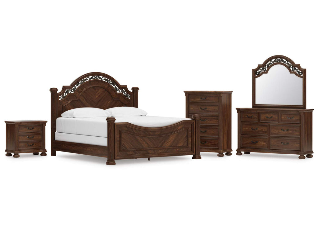 Lavinton King Poster Bed with Mirrored Dresser, Chest and Nightstand