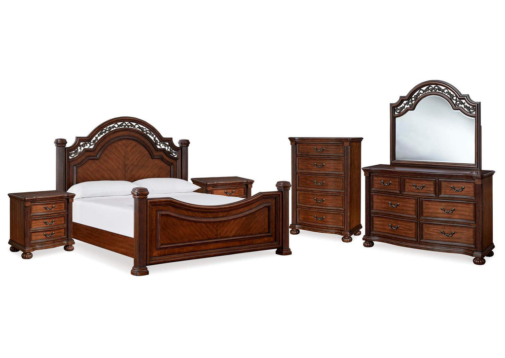 Lavinton Queen Poster Bed with Mirrored Dresser, Chest and 2 Nightstands
