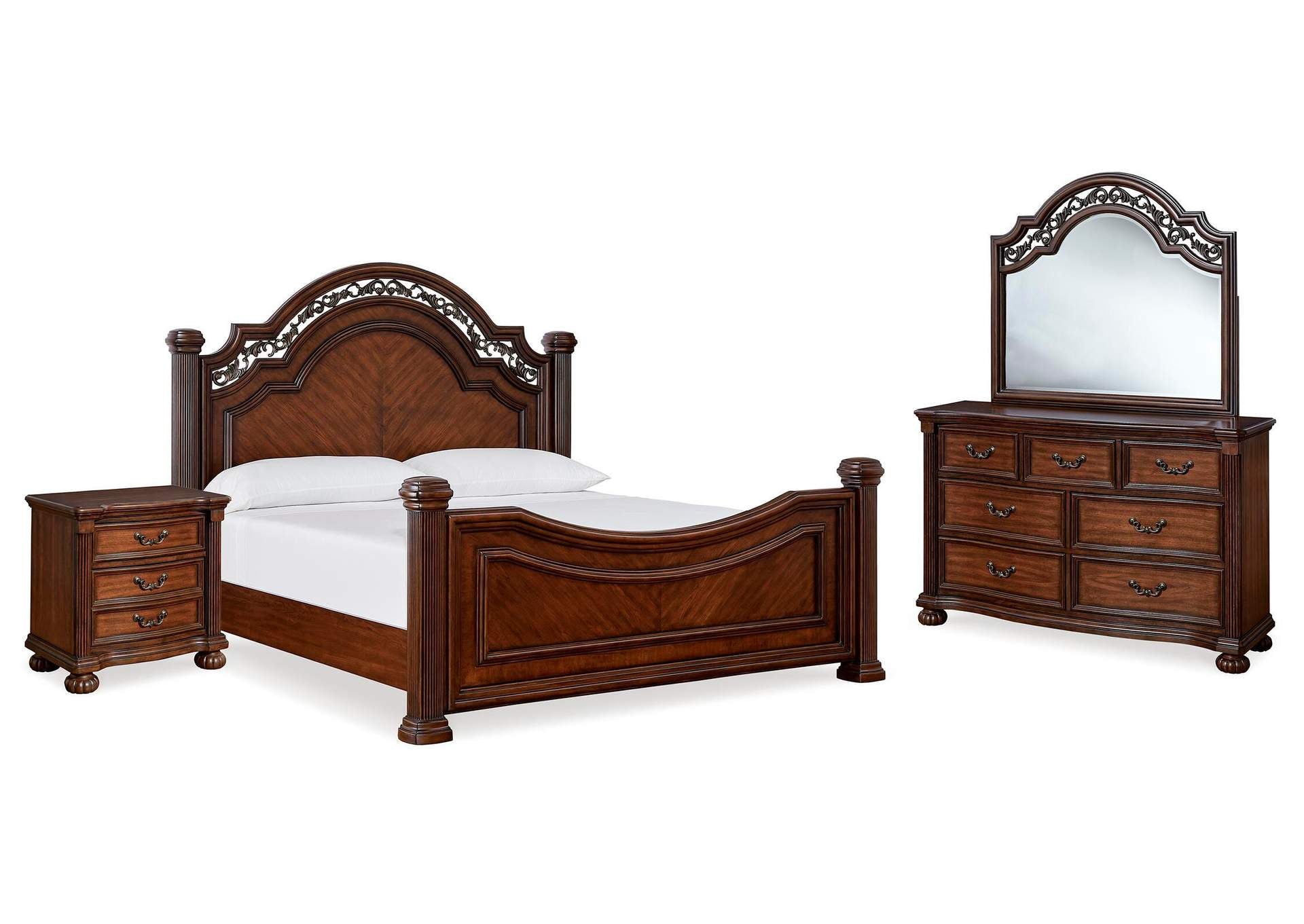 Lavinton Queen Poster Bed with Mirrored Dresser and Nightstand