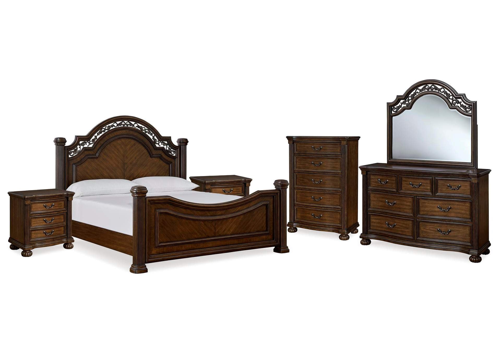 Lavinton King Poster Bed with Mirrored Dresser, Chest and 2 Nightstands