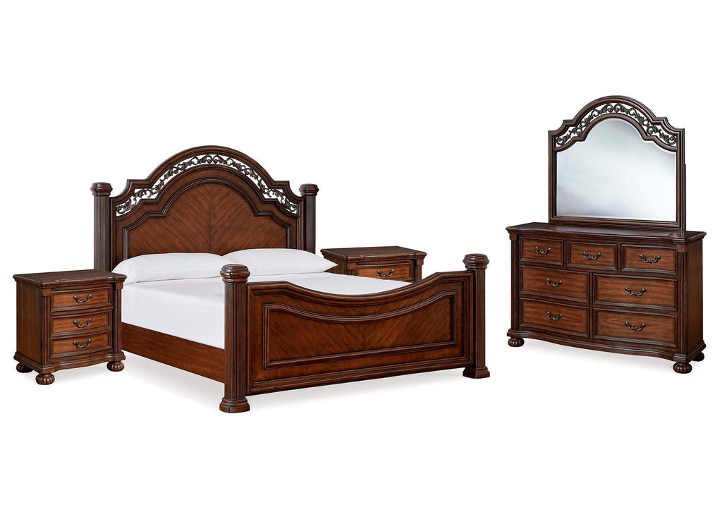 Lavinton King Poster Bed with Mirrored Dresser and Nightstand