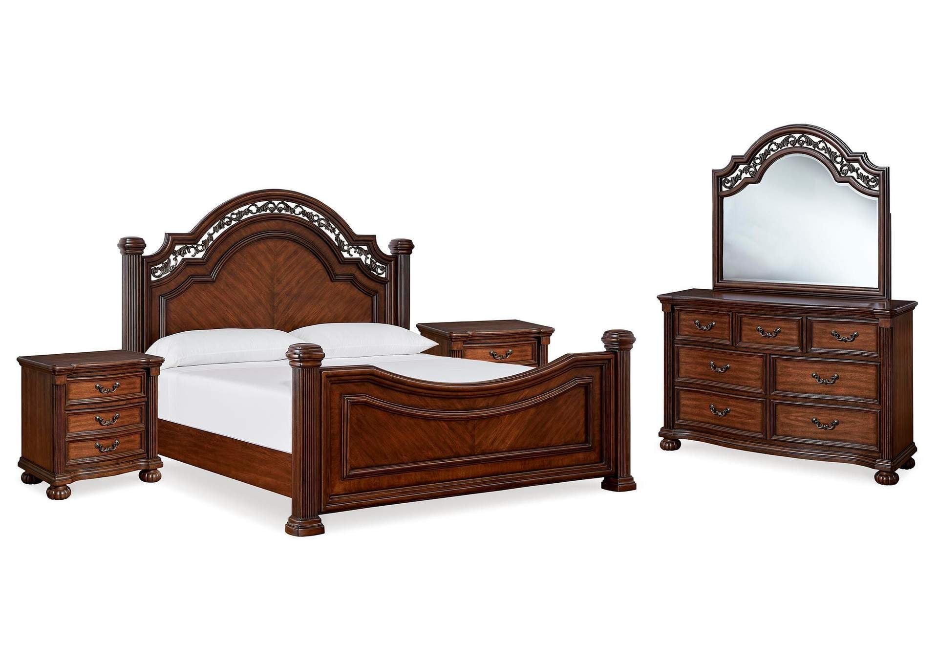 Lavinton King Poster Bed with Mirrored Dresser and Nightstand