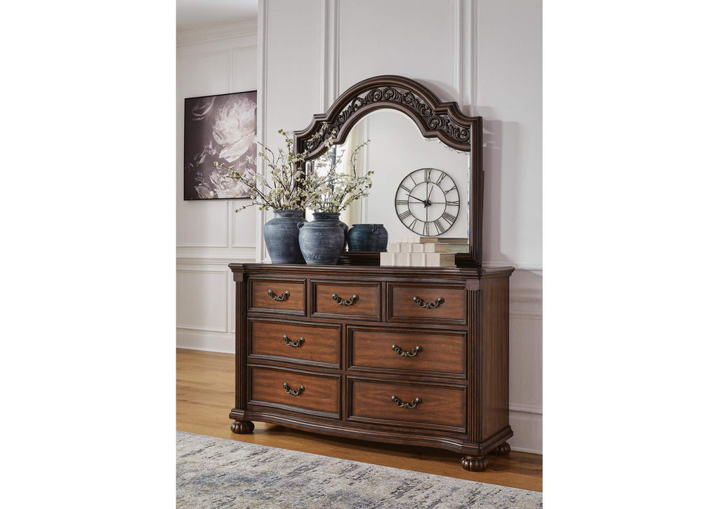 Lavinton Queen Poster Bed with Mirrored Dresser, Chest and 2 Nightstands