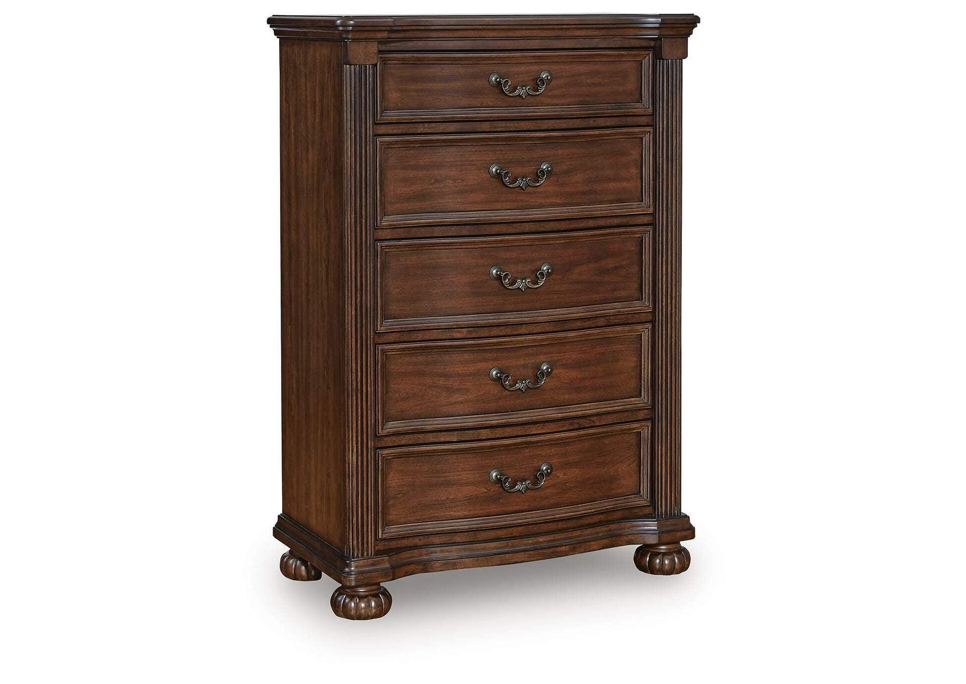 Lavinton California King Poster Bed with Mirrored Dresser, Chest and 2 Nightstands angled view