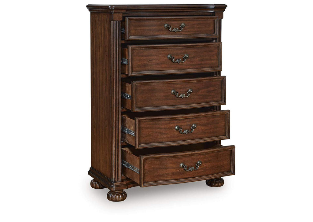 Lavinton Queen Poster Bed with Mirrored Dresser and Chest angled view