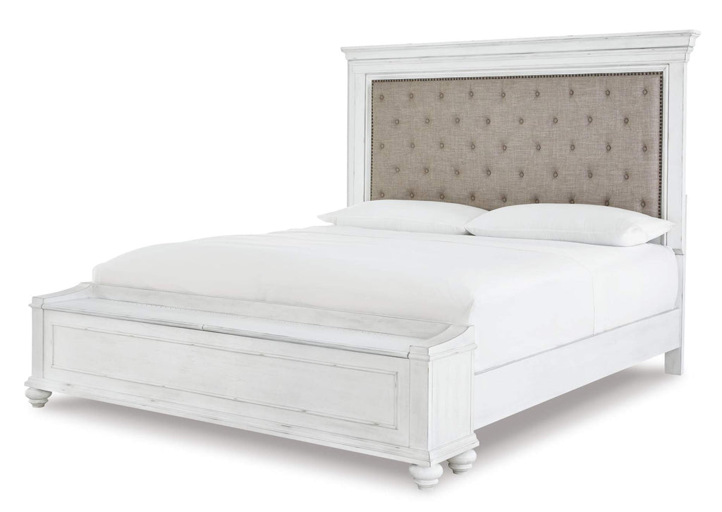 Kanwyn Queen Panel Bed with Storage with Mirrored Dresser, Chest and Nightstand angled view