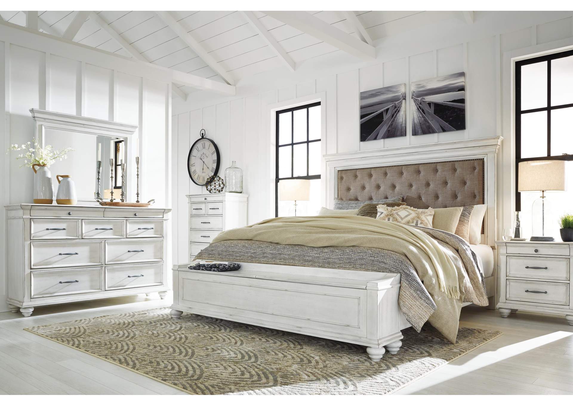 Kanwyn Queen Panel Bed with Storage with Mirrored Dresser and Chest