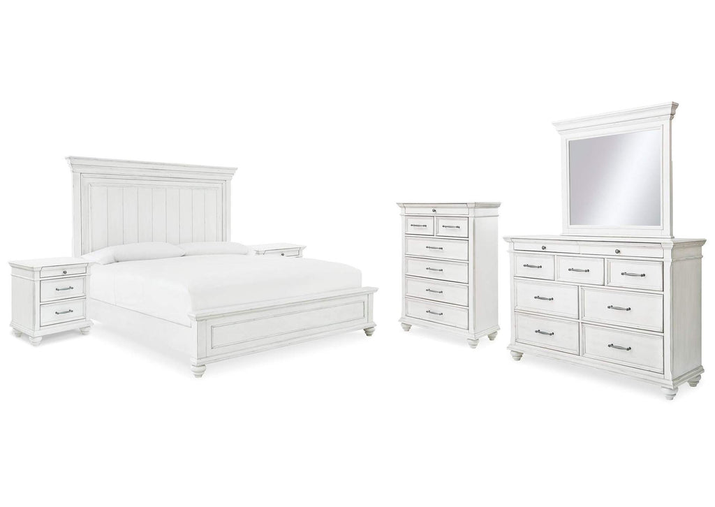 Kanwyn King Panel Bed with Mirrored Dresser, Chest and 2 Nightstands