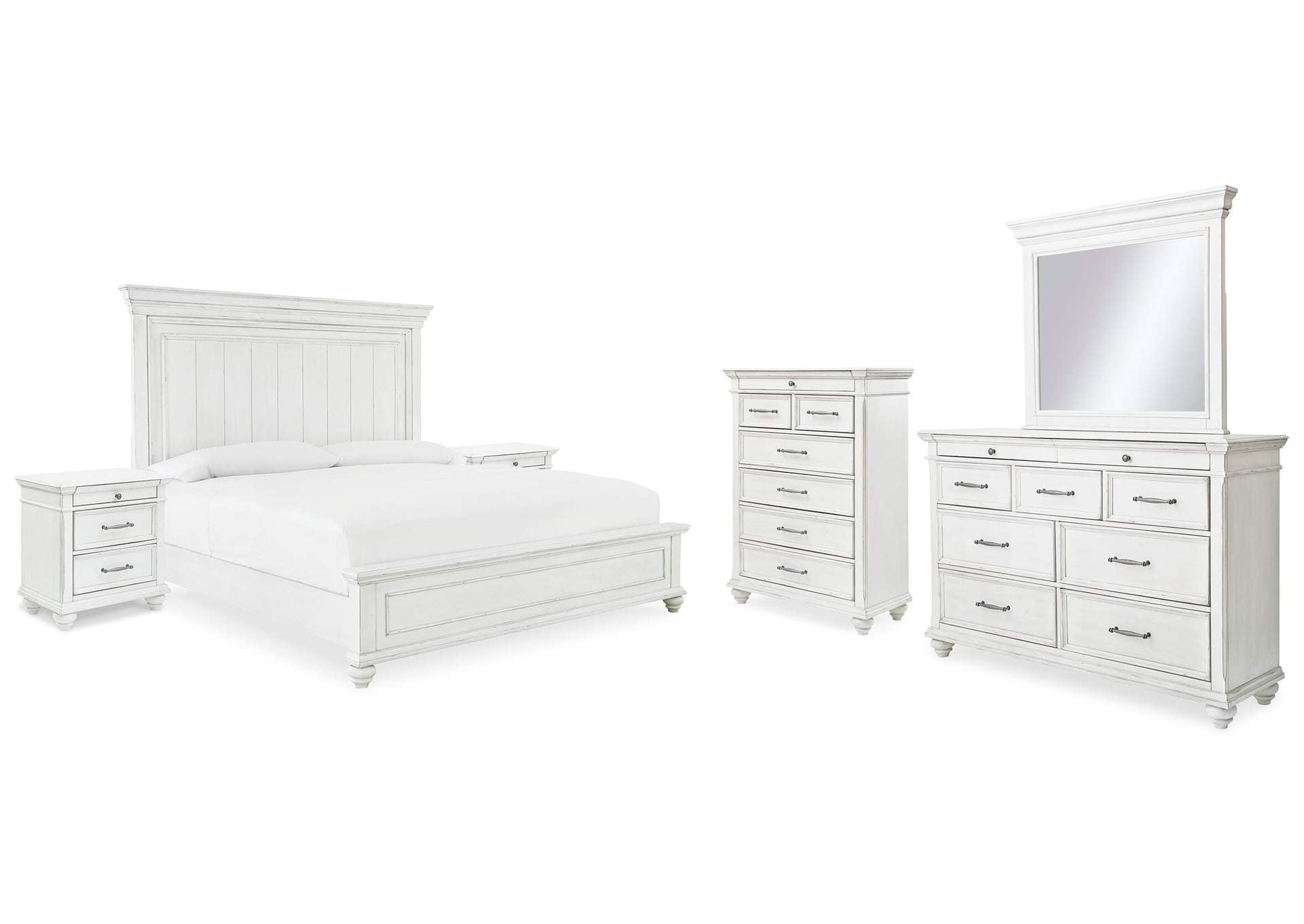 Kanwyn King Panel Bed with Mirrored Dresser, Chest and 2 Nightstands