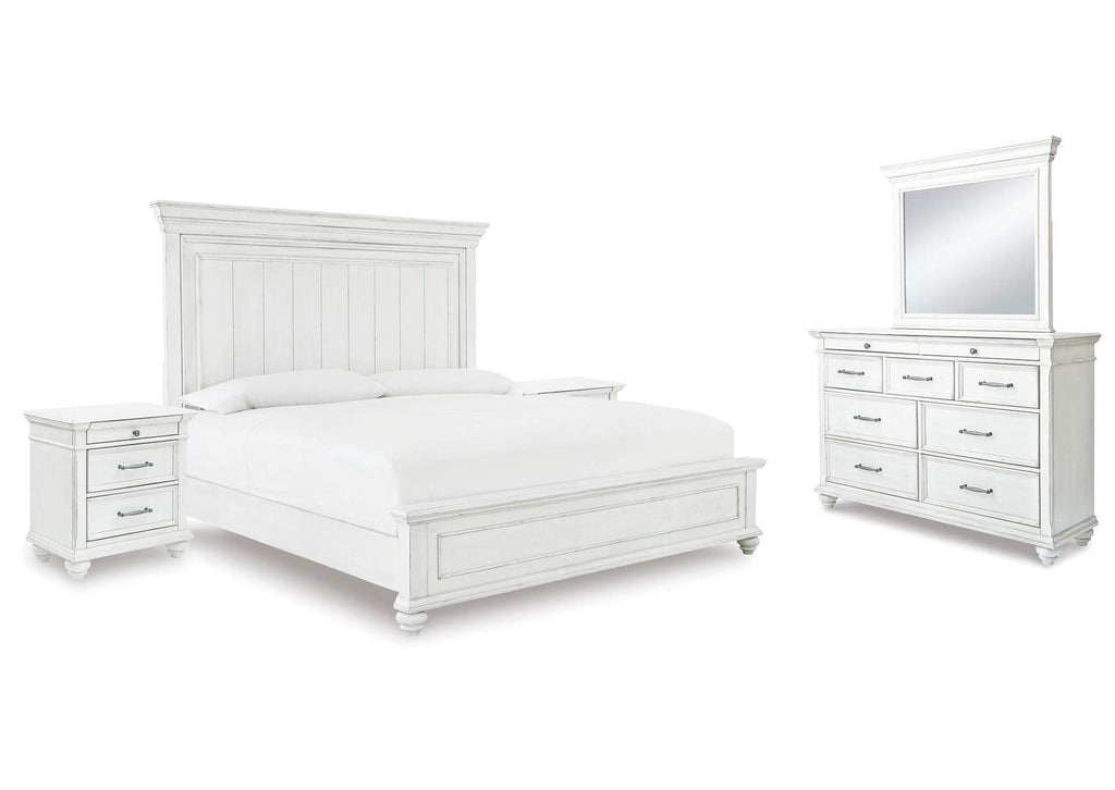 Kanwyn King Panel Bed with Mirrored Dresser and 2 Nightstands