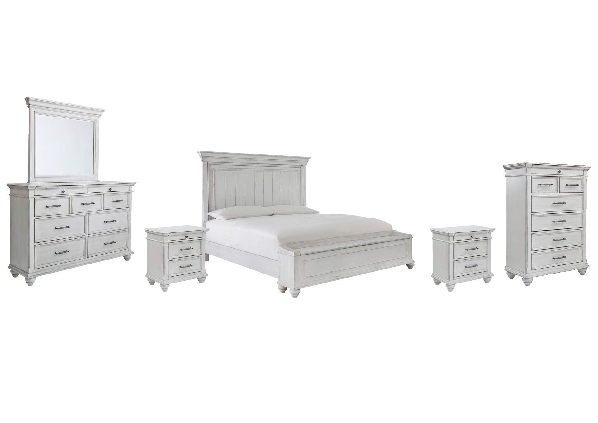 Kanwyn King Panel Bed with Storage with Mirrored Dresser, Chest and 2 Nightstands