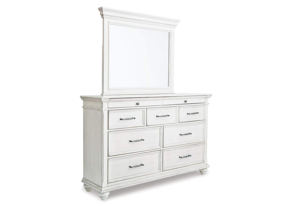 Kanwyn King Panel Bed with Storage with Mirrored Dresser and 2 Nightstands angled view