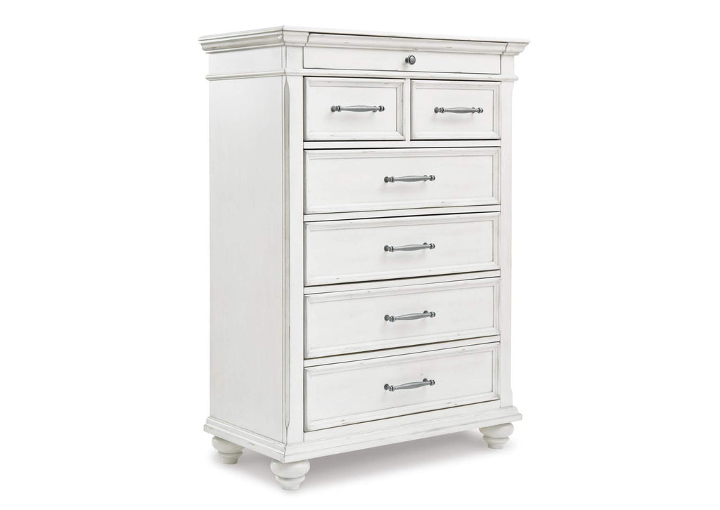Kanwyn King Panel Bed with Storage with Mirrored Dresser and Chest angled view