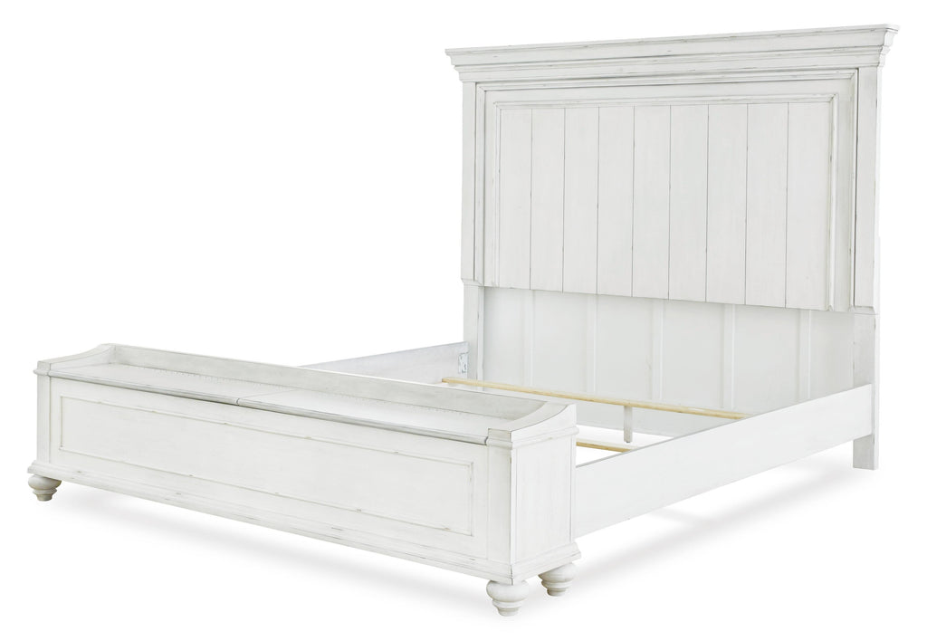Kanwyn California King Panel Bed with Storage Bench in Whitewash, angle view