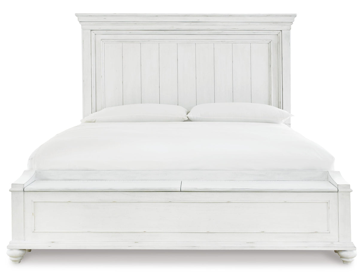 Kanwyn California King Panel Bed with Storage Bench in Whitewash, front view
