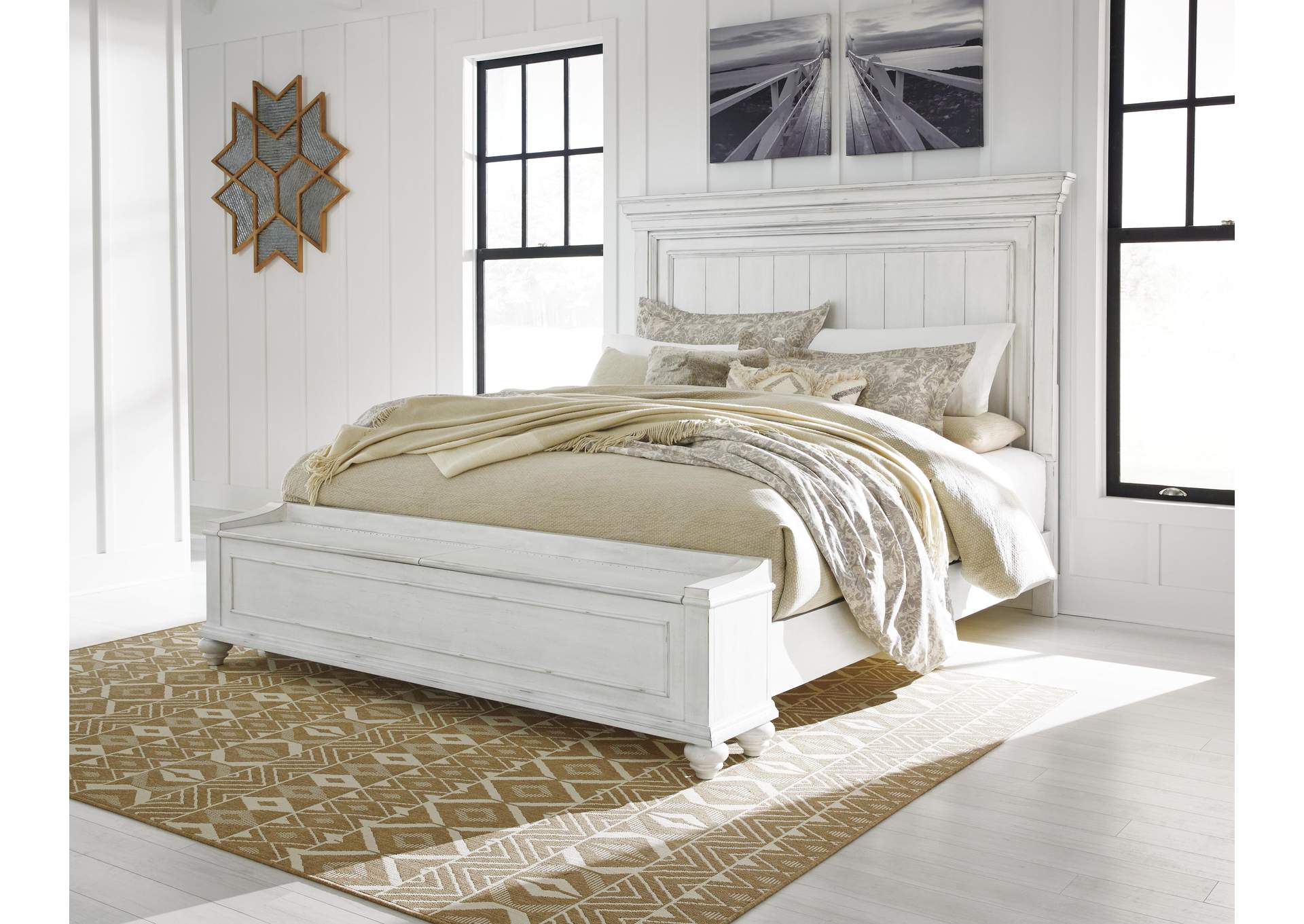 Kanwyn Queen Panel Bed with Storage Bench, Dresser and Mirror