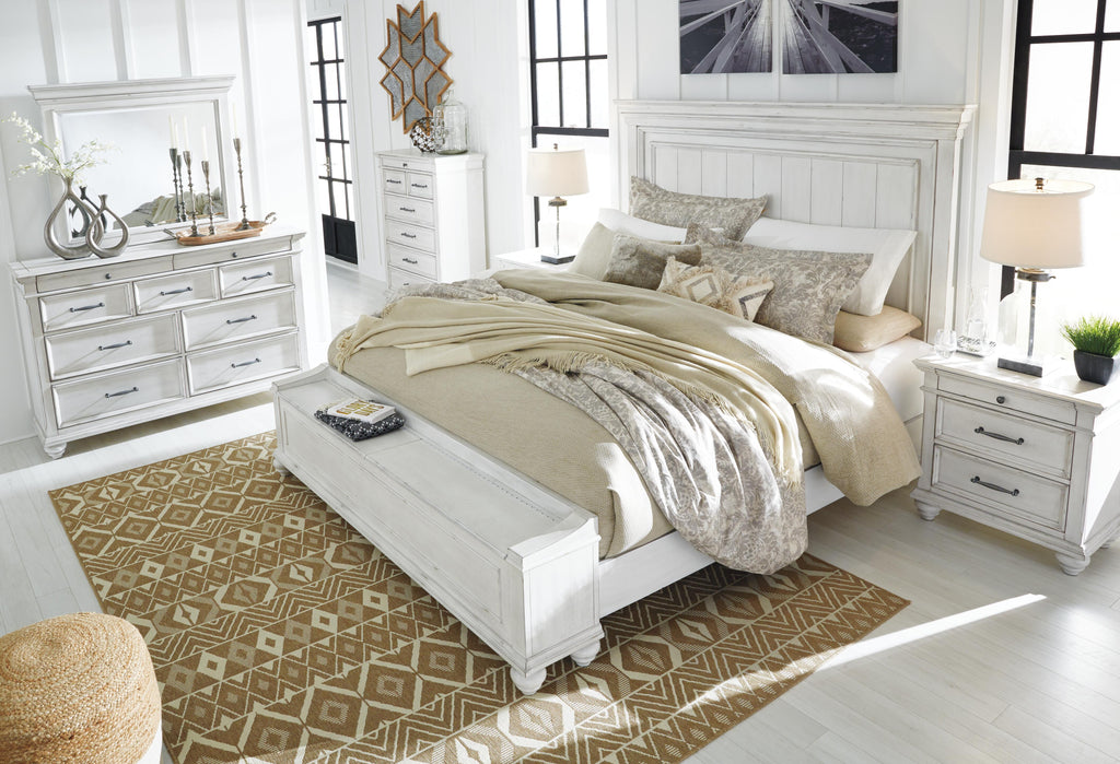 Kanwyn California King Panel Bed with Storage Bench in Whitewash, lifestyle view