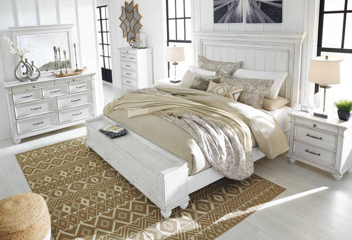 Kanwyn California King Panel Bed with Storage Bench in Whitewash, lifestyle view