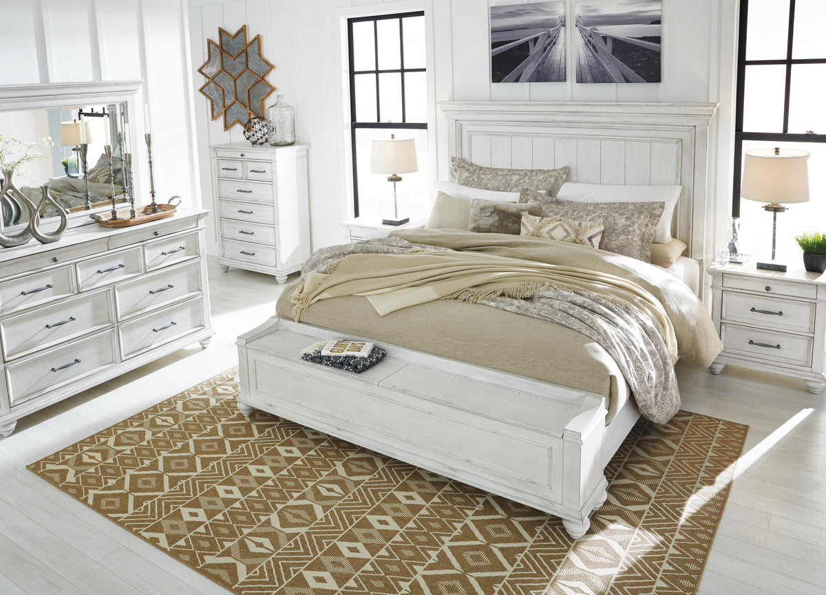 Kanwyn California King Panel Bed with Storage Bench in Whitewash, lifestyle view