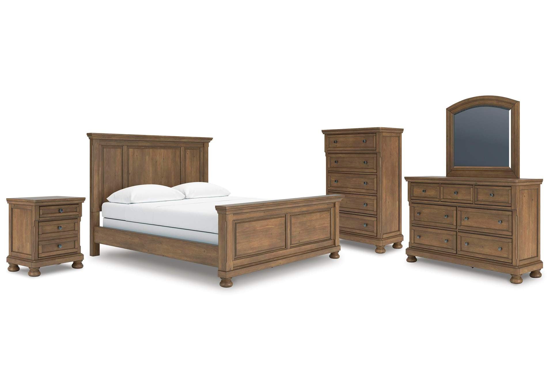 Vandenmore California King Panel Bed with Mirrored Dresser, Chest and Nightstand