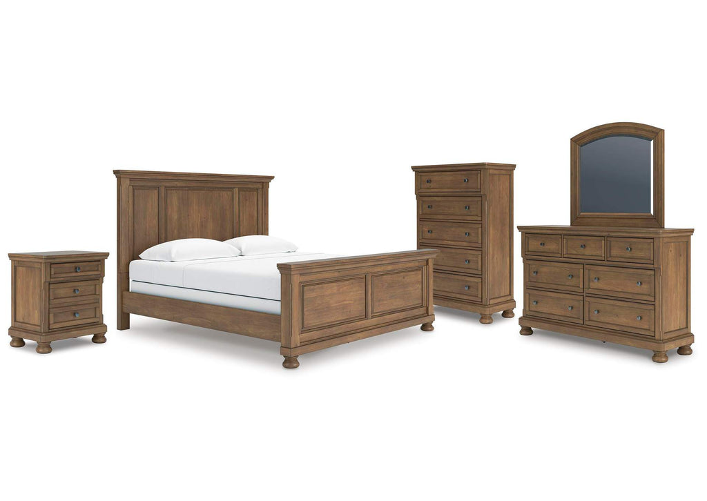 Vandenmore King Panel Bed with Mirrored Dresser, Chest and Nightstand