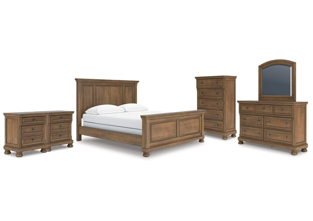 Vandenmore California King Panel Bed with Mirrored Dresser, Chest and 2 Nightstands
