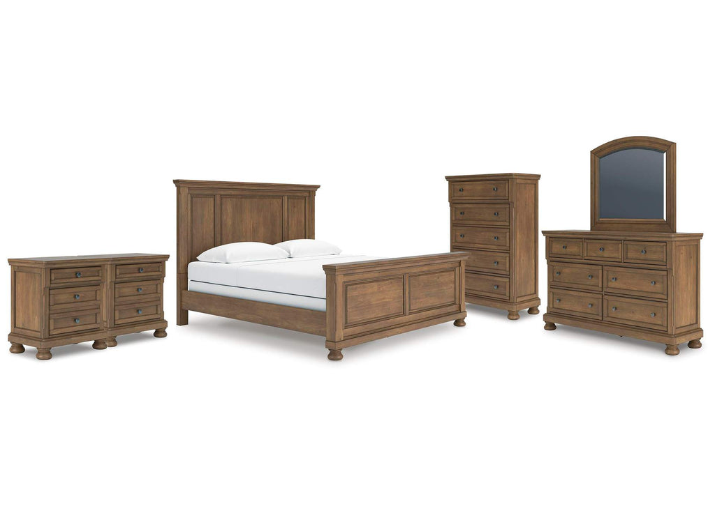 Vandenmore King Panel Bed with Mirrored Dresser, Chest and 2 Nightstands