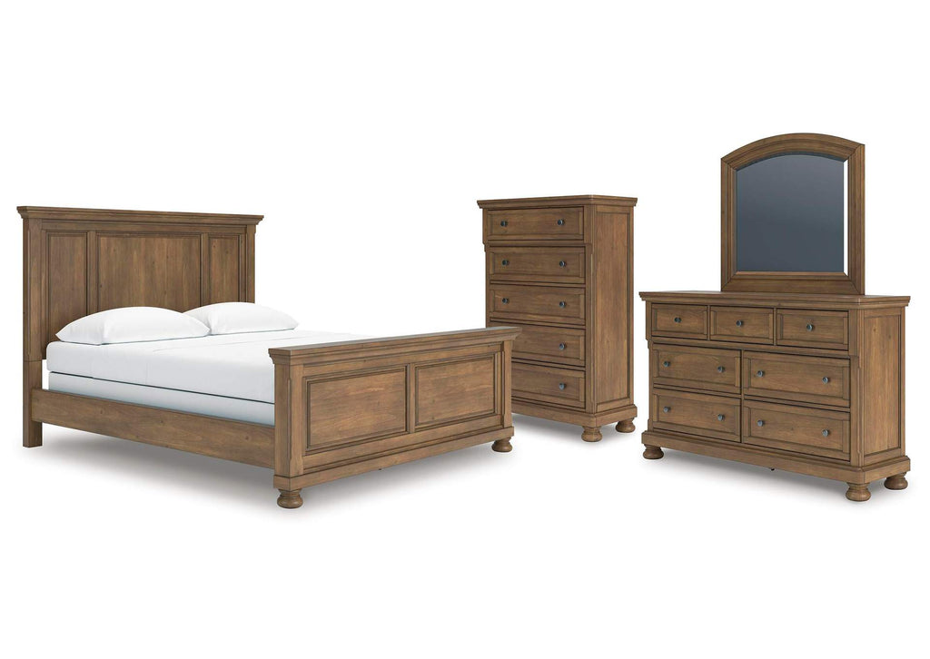 Vandenmore California King Panel Bed with Mirrored Dresser and Chest