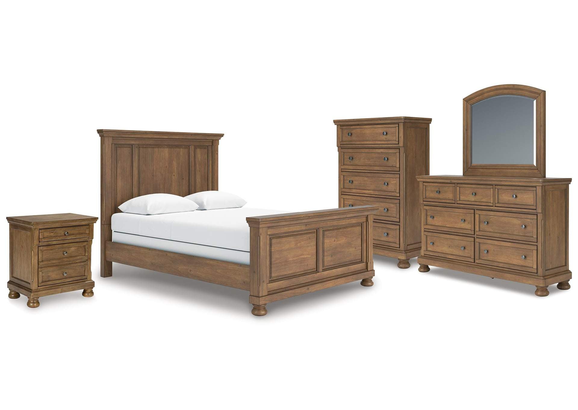 Vandenmore Queen Panel Bed with Mirrored Dresser, Chest and Nightstand