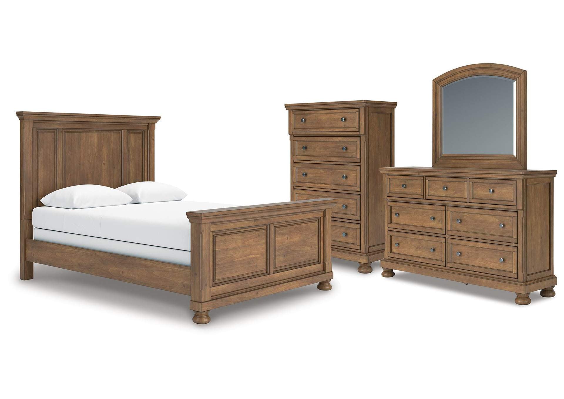 Vandenmore Queen Panel Bed with Mirrored Dresser and Chest