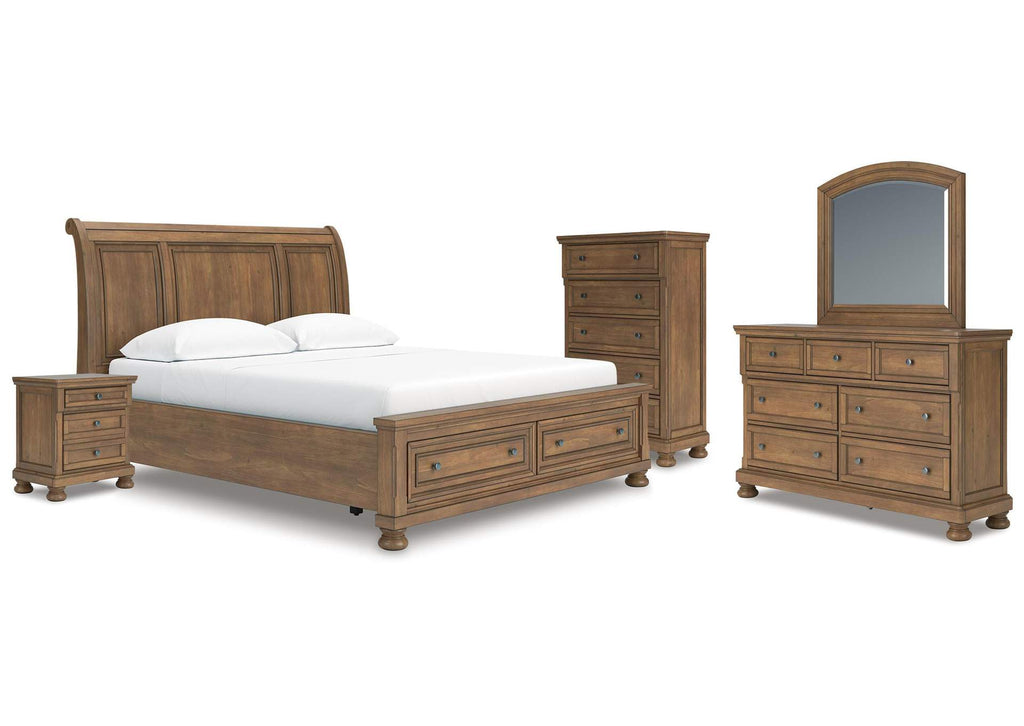 Vandenmore California King Storage Sleigh Bed with Mirrored Dresser, Chest and Nightstand