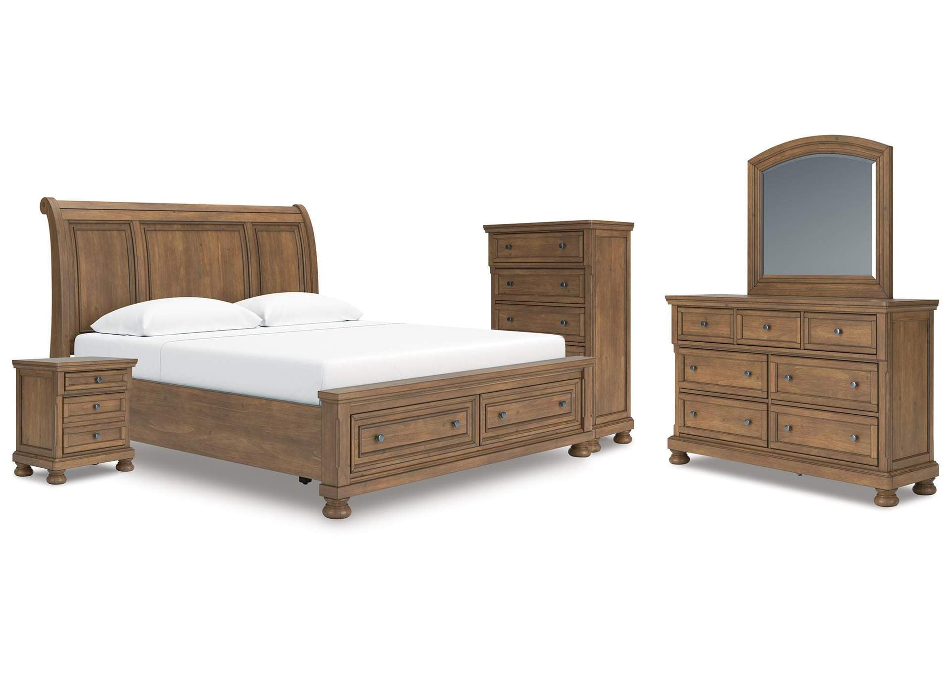 Vandenmore King Storage Sleigh Bed with Mirrored Dresser, Chest and Nightstand
