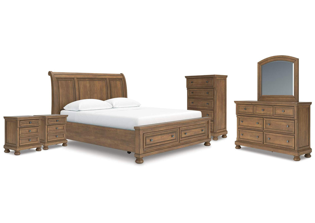 Vandenmore California King Storage Sleigh Bed with Mirrored Dresser, Chest and 2 Nightstands
