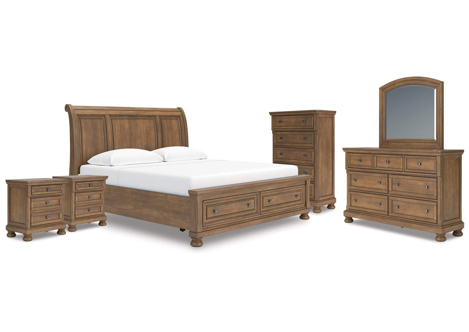Vandenmore King Storage Sleigh Bed with Mirrored Dresser, Chest and 2 Nightstands